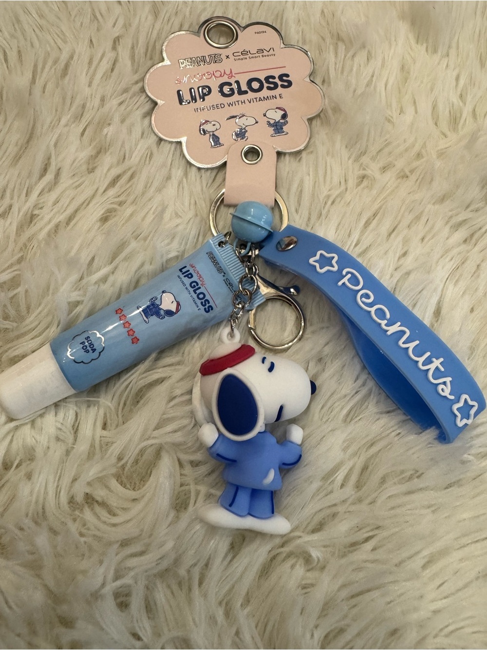 Peanuts Snoopy Blue Lip Gloss infused vitamin E Keychain strap bag charm